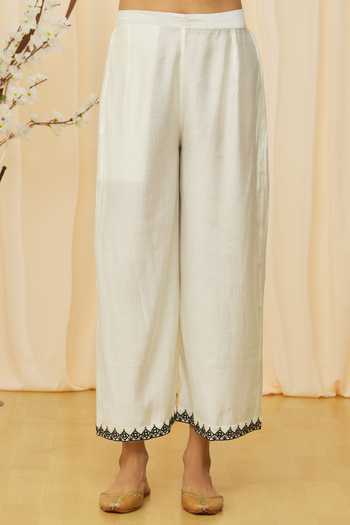 Samyukta Singhania_White Cotton, Net Embroidery, Mirrors Round Neck Straight Kurta Set_at_Aza_Fashions