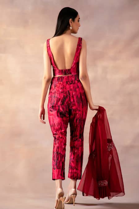 Shop Laxmishriali Maroon Organza, Cotton, Silk Cut Work, Waistband Embroidered Jacket Pant Set at Aza Fashions Shop_Laxmishriali_Maroon Organza, Cotton, Silk Cut Work, Waistband Embroidered Jacket Pant Set _at_Aza_Fashions