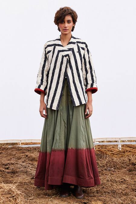 Kharakapas_Black Cotton Collared Jade Stripe Pattern Jacket _Online_at_Aza_Fashions