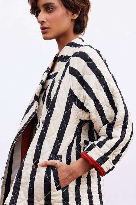 Buy_Kharakapas_Black Cotton Collared Jade Stripe Pattern Jacket _Online_at_Aza_Fashions