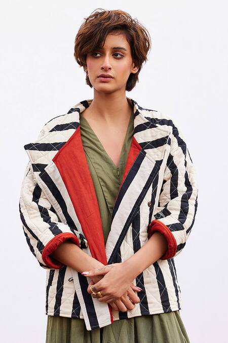 Shop_Kharakapas_Black Cotton Collared Jade Stripe Pattern Jacket _Online_at_Aza_Fashions