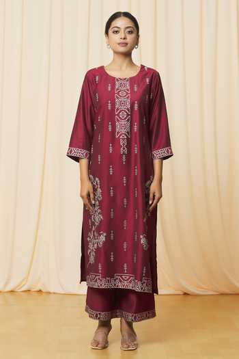 Samyukta Singhania_Wine Linen, Cotton, Organza Embroidery Round Neck Geometric Print Kurta Pant Set_Online_at_Aza_Fashions