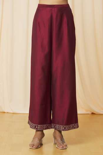 Samyukta Singhania_Wine Linen, Cotton, Organza Embroidery Round Neck Geometric Print Kurta Pant Set_at_Aza_Fashions