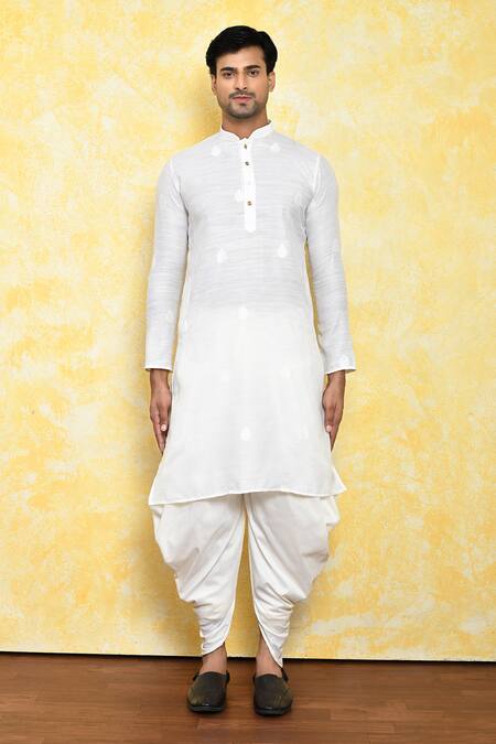 Buy_Arihant Rai Sinha_White Kurta Poly Cotton Leaf Motifs Pattern And Dhoti Pant Set_Online_at_Aza_Fashions