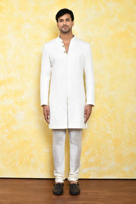 Shop_Arihant Rai Sinha_Off White Georgette, Silk Abstract Pattern Kurta And Churidar Set _Online_at_Aza_Fashions