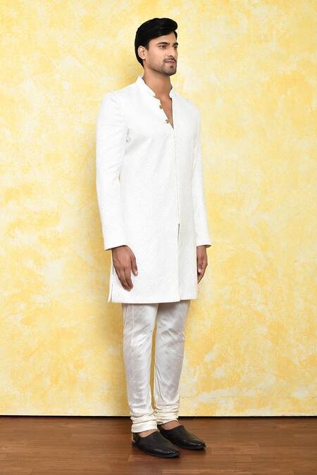 Arihant Rai Sinha_Off White Georgette, Silk Abstract Pattern Kurta And Churidar Set _at_Aza_Fashions