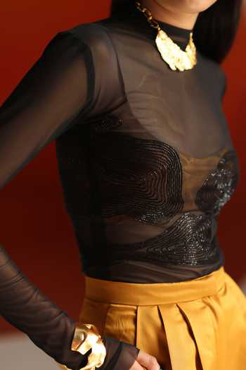 Zwaan_Black Gulnar Cutdana Embroidered Bodysuit_at_Aza_Fashions