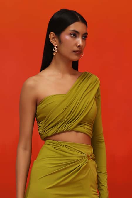 Buy Green Satin Plain One Shoulder Pleated Asymmetric Gown For Women by  Zwaan Online at Aza Fashions.