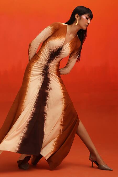 Zwaan_Brown Jersey V-neck Soz Abstract Pattern Ruched Dress_Online_at_Aza_Fashions