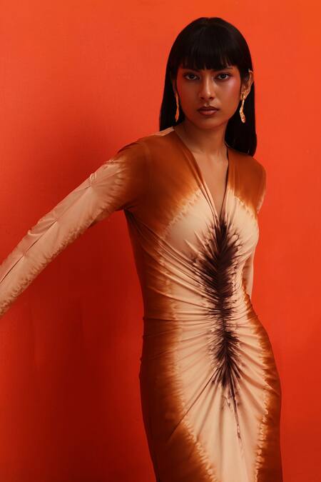 Buy_Zwaan_Brown Jersey V-neck Soz Abstract Pattern Ruched Dress_Online_at_Aza_Fashions