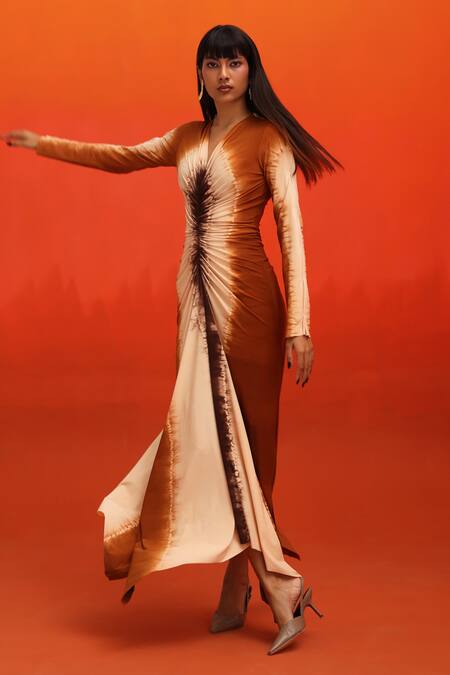 Shop_Zwaan_Brown Jersey V-neck Soz Abstract Pattern Ruched Dress_Online_at_Aza_Fashions