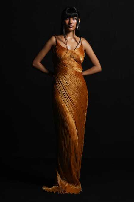 ZWAAN Zeya Metallic High Slit Draped Gown 