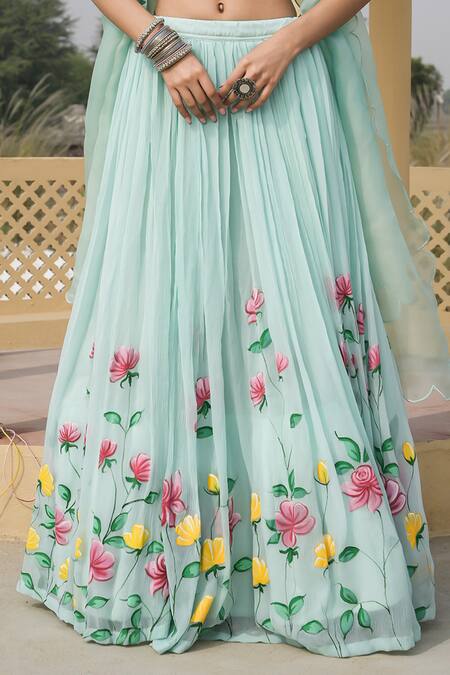 Mangalmay By Aastha Blue Blouse- Bamberg Silk Hand Painted Floral V Neck Sky Serenade Lehenga Set Online at Aza Fashions Mangalmay By Aastha_Blue Blouse- Bamberg Silk Hand Painted Floral V Neck Sky Serenade Lehenga Set _Online_at_Aza_Fashions