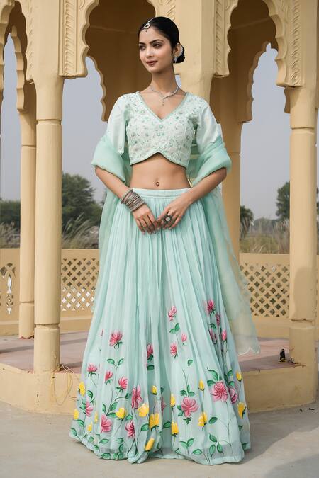 Buy Mangalmay By Aastha Blue Blouse- Bamberg Silk Hand Painted Floral V Neck Sky Serenade Lehenga Set Online at Aza Fashions Buy_Mangalmay By Aastha_Blue Blouse- Bamberg Silk Hand Painted Floral V Neck Sky Serenade Lehenga Set _Online_at_Aza_Fashions