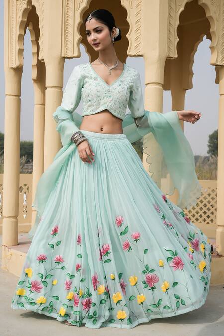Shop Mangalmay By Aastha Blue Blouse- Bamberg Silk Hand Painted Floral V Neck Sky Serenade Lehenga Set Online at Aza Fashions Shop_Mangalmay By Aastha_Blue Blouse- Bamberg Silk Hand Painted Floral V Neck Sky Serenade Lehenga Set _Online_at_Aza_Fashions