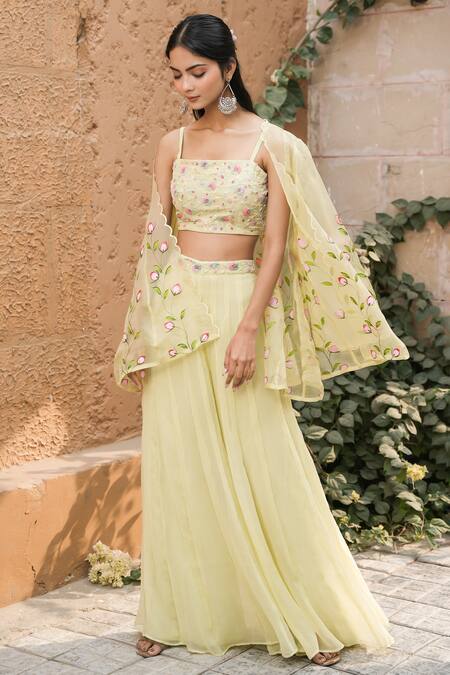 Buy_Mangalmay By Aastha_Green Blouse- Bamberg Silk Hand Mint Elegance Sharara Set With Embroidered Shrug _Online_at_Aza_Fashions