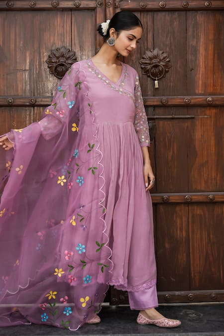 Buy Mangalmay By Aastha Purple Chiffon, Silk Organza, Cotton Embroidery, Lace Blossom Anarkali Pant Set Online at Aza Fashions Buy_Mangalmay By Aastha_Purple Chiffon, Silk Organza, Cotton Embroidery, Lace Blossom Anarkali Pant Set _Online_at_Aza_Fashions