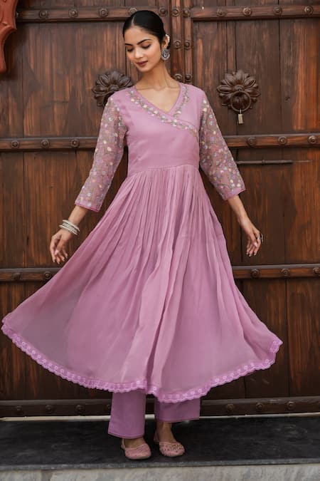 Shop Mangalmay By Aastha Purple Chiffon, Silk Organza, Cotton Embroidery, Lace Blossom Anarkali Pant Set Online at Aza Fashions Shop_Mangalmay By Aastha_Purple Chiffon, Silk Organza, Cotton Embroidery, Lace Blossom Anarkali Pant Set _Online_at_Aza_Fashions
