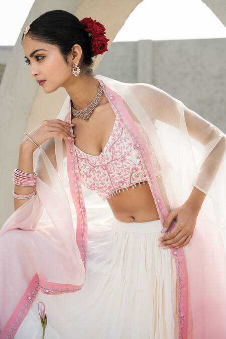 Buy Mangalmay By Aastha Pink Blouse-bamberg Silk Hand Painted Cherry Blossom Symphony Lehenga Shrug Set Online at Aza Fashions Buy_Mangalmay By Aastha_Pink Blouse-bamberg Silk Hand Painted Cherry Blossom Symphony Lehenga Shrug Set _Online_at_Aza_Fashions