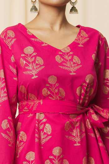 Buy_Samyukta Singhania_Pink Cotton Embroidery V-neck Floral Print Kurta And Pant Set_Online_at_Aza_Fashions