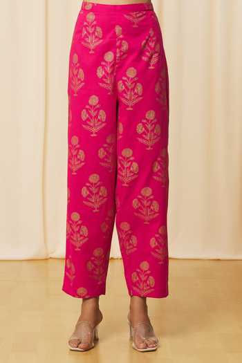 Shop_Samyukta Singhania_Pink Cotton Embroidery V-neck Floral Print Kurta And Pant Set_Online_at_Aza_Fashions