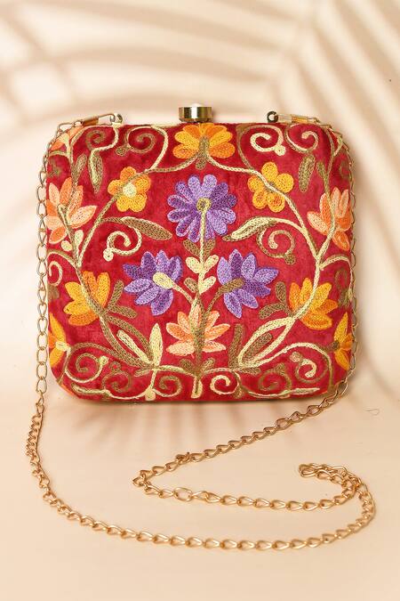 Adara Khan Red Flower Embroidered Box Clutch