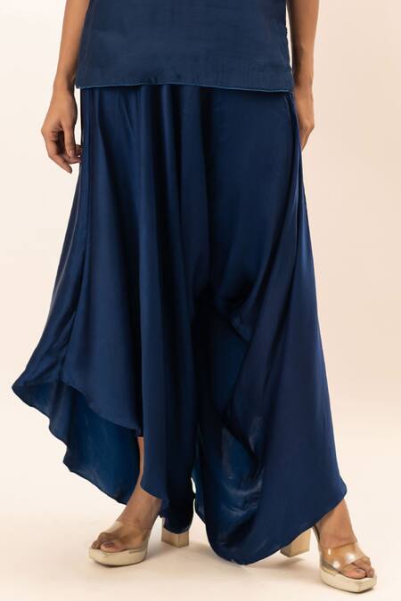 Oshi By Shikha_Blue Chanderi, Satin, Cotton Embroidery V-neck Yoke Kurta And Draped Pant Set_Online_at_Aza_Fashions