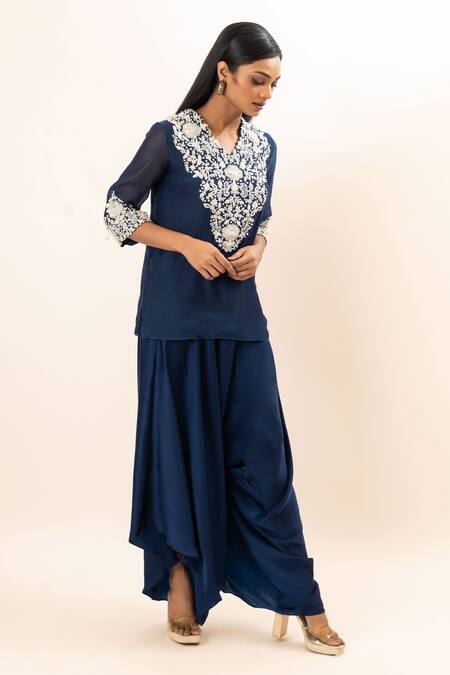 Buy_Oshi By Shikha_Blue Chanderi, Satin, Cotton Embroidery V-neck Yoke Kurta And Draped Pant Set_Online_at_Aza_Fashions