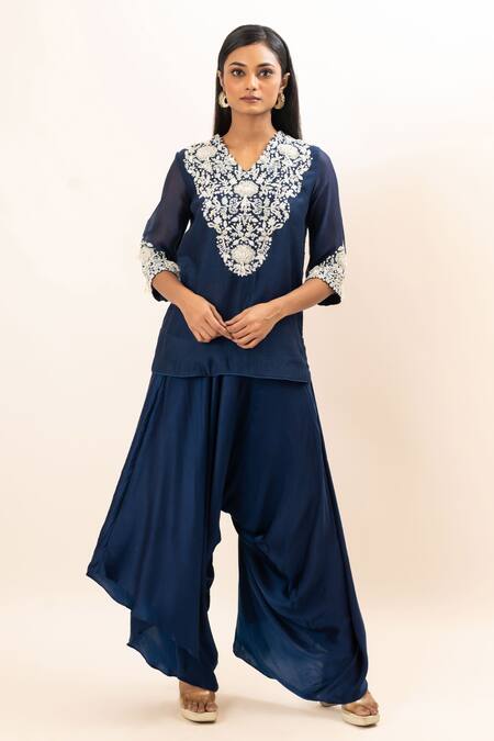Shop_Oshi By Shikha_Blue Chanderi, Satin, Cotton Embroidery V-neck Yoke Kurta And Draped Pant Set_Online_at_Aza_Fashions