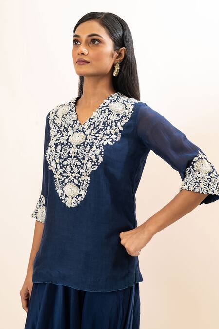 Oshi By Shikha_Blue Chanderi, Satin, Cotton Embroidery V-neck Yoke Kurta And Draped Pant Set_at_Aza_Fashions