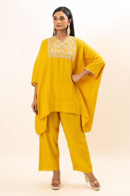 Oshi By Shikha Zardozi Embroidered Yoke Kaftan & Pant Set 