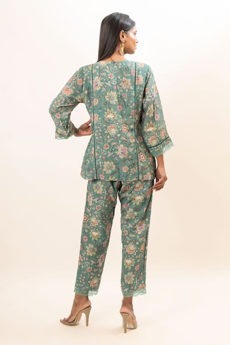 Oshi By Shikha Green Linen Embroidery, Lace Round Neck Floret Print Kurta And Pant Set Online at Aza Fashions Oshi By Shikha_Green Linen Embroidery, Lace Round Neck Floret Print Kurta And Pant Set _Online_at_Aza_Fashions