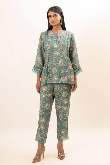 Buy Oshi By Shikha Green Linen Embroidery, Lace Round Neck Floret Print Kurta And Pant Set Online at Aza Fashions Buy_Oshi By Shikha_Green Linen Embroidery, Lace Round Neck Floret Print Kurta And Pant Set _Online_at_Aza_Fashions