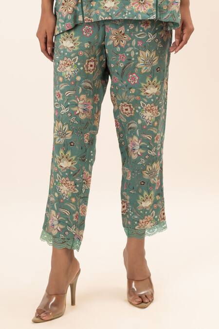 Shop Oshi By Shikha Green Linen Embroidery, Lace Round Neck Floret Print Kurta And Pant Set Online at Aza Fashions Shop_Oshi By Shikha_Green Linen Embroidery, Lace Round Neck Floret Print Kurta And Pant Set _Online_at_Aza_Fashions