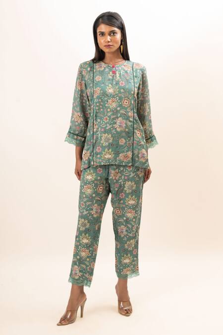 Oshi By Shikha Green Linen Embroidery, Lace Round Neck Floret Print Kurta And Pant Set at Aza Fashions Oshi By Shikha_Green Linen Embroidery, Lace Round Neck Floret Print Kurta And Pant Set _at_Aza_Fashions