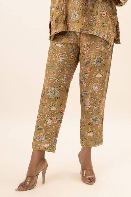 Oshi By Shikha Yellow Linen Lace Round Neck Floret Print Kurta And Pant Set at Aza Fashions Oshi By Shikha_Yellow Linen Lace Round Neck Floret Print Kurta And Pant Set _at_Aza_Fashions