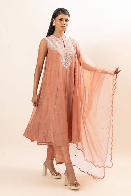 Shop Oshi By Shikha Pink Chanderi, Organza, Bamboo Embroidery, Pearls Round Neck Yoke Anarkali Set Online at Aza Fashions Shop_Oshi By Shikha_Pink Chanderi, Organza, Bamboo Embroidery, Pearls Round Neck Yoke Anarkali Set _Online_at_Aza_Fashions