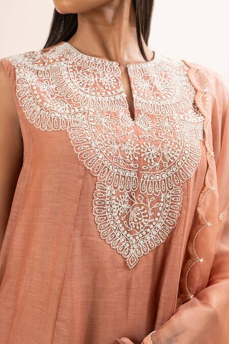 Oshi By Shikha Pink Chanderi, Organza, Bamboo Embroidery, Pearls Round Neck Yoke Anarkali Set at Aza Fashions Oshi By Shikha_Pink Chanderi, Organza, Bamboo Embroidery, Pearls Round Neck Yoke Anarkali Set _at_Aza_Fashions