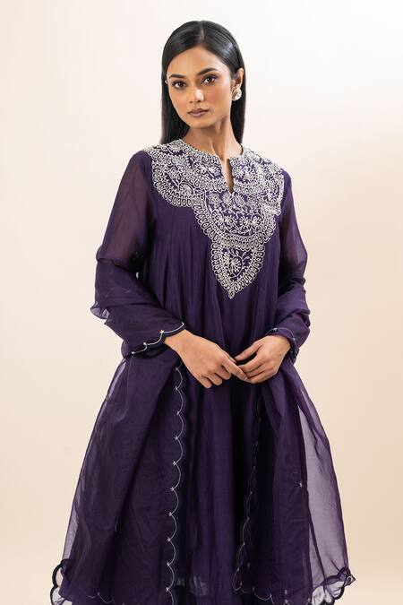 Shop Oshi By Shikha Purple Chanderi, Organza, Bamboo Embroidery, Chidd Yoke Anarkali Pant Set Online at Aza Fashions Shop_Oshi By Shikha_Purple Chanderi, Organza, Bamboo Embroidery, Chidd Yoke Anarkali Pant Set _Online_at_Aza_Fashions