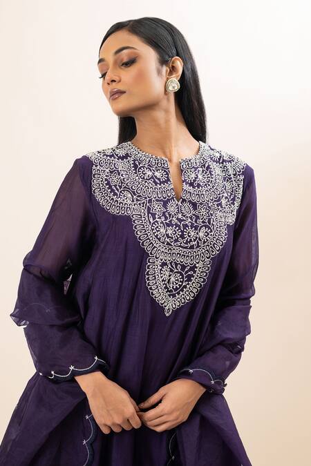 Oshi By Shikha Purple Chanderi, Organza, Bamboo Embroidery, Chidd Yoke Anarkali Pant Set at Aza Fashions Oshi By Shikha_Purple Chanderi, Organza, Bamboo Embroidery, Chidd Yoke Anarkali Pant Set _at_Aza_Fashions