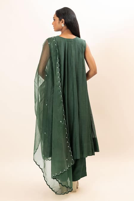 Shop Oshi By Shikha Green Chanderi, Organza, Bamboo, Cotton Pearl Yoke Anarkali Pant Set at Aza Fashions Shop_Oshi By Shikha_Green Chanderi, Organza, Bamboo, Cotton Pearl Yoke Anarkali Pant Set _at_Aza_Fashions