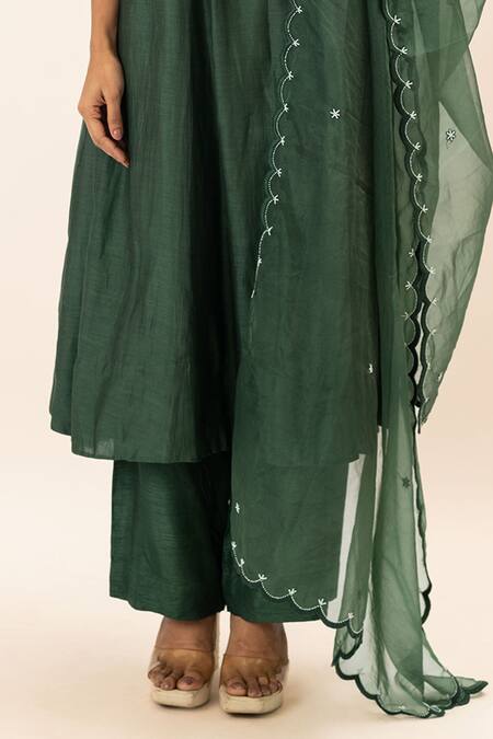 Oshi By Shikha Green Chanderi, Organza, Bamboo, Cotton Pearl Yoke Anarkali Pant Set Online at Aza Fashions Oshi By Shikha_Green Chanderi, Organza, Bamboo, Cotton Pearl Yoke Anarkali Pant Set _Online_at_Aza_Fashions