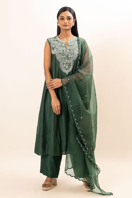 Shop Oshi By Shikha Green Chanderi, Organza, Bamboo, Cotton Pearl Yoke Anarkali Pant Set Online at Aza Fashions Shop_Oshi By Shikha_Green Chanderi, Organza, Bamboo, Cotton Pearl Yoke Anarkali Pant Set _Online_at_Aza_Fashions