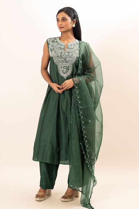 Oshi By Shikha Green Chanderi, Organza, Bamboo, Cotton Pearl Yoke Anarkali Pant Set at Aza Fashions Oshi By Shikha_Green Chanderi, Organza, Bamboo, Cotton Pearl Yoke Anarkali Pant Set _at_Aza_Fashions