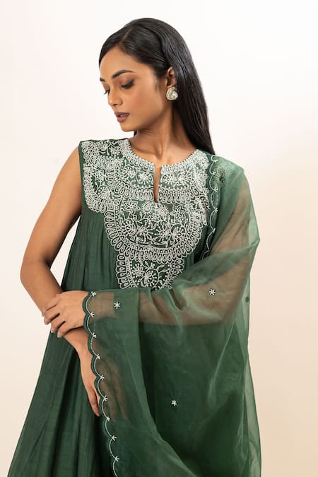 Buy Oshi By Shikha Green Chanderi, Organza, Bamboo, Cotton Pearl Yoke Anarkali Pant Set Buy_Oshi By Shikha_Green Chanderi, Organza, Bamboo, Cotton Pearl Yoke Anarkali Pant Set