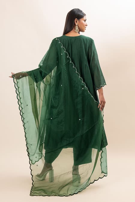 Oshi By Shikha Green Chanderi, Organza, Cotton, Bamboo Pearls, Work Yoke Anarkali Pant Set Online at Aza Fashions Oshi By Shikha_Green Chanderi, Organza, Cotton, Bamboo Pearls, Work Yoke Anarkali Pant Set _Online_at_Aza_Fashions