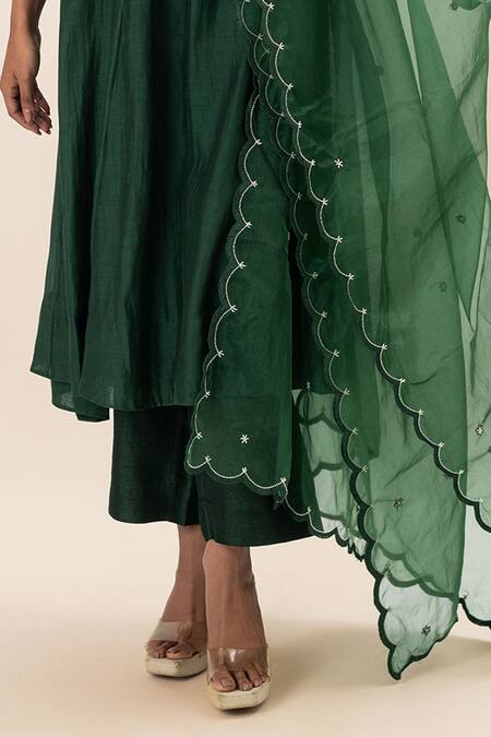 Buy Oshi By Shikha Green Chanderi, Organza, Cotton, Bamboo Pearls, Work Yoke Anarkali Pant Set Online at Aza Fashions Buy_Oshi By Shikha_Green Chanderi, Organza, Cotton, Bamboo Pearls, Work Yoke Anarkali Pant Set _Online_at_Aza_Fashions