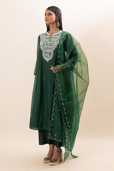 Shop Oshi By Shikha Green Chanderi, Organza, Cotton, Bamboo Pearls, Work Yoke Anarkali Pant Set Online at Aza Fashions Shop_Oshi By Shikha_Green Chanderi, Organza, Cotton, Bamboo Pearls, Work Yoke Anarkali Pant Set _Online_at_Aza_Fashions