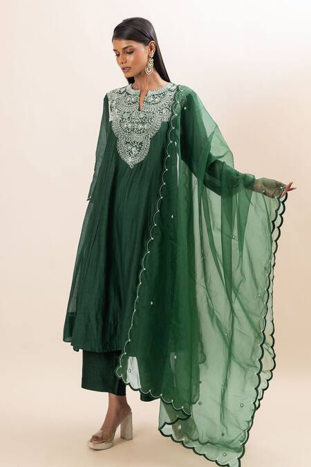 Oshi By Shikha Green Chanderi, Organza, Cotton, Bamboo Pearls, Work Yoke Anarkali Pant Set at Aza Fashions Oshi By Shikha_Green Chanderi, Organza, Cotton, Bamboo Pearls, Work Yoke Anarkali Pant Set _at_Aza_Fashions