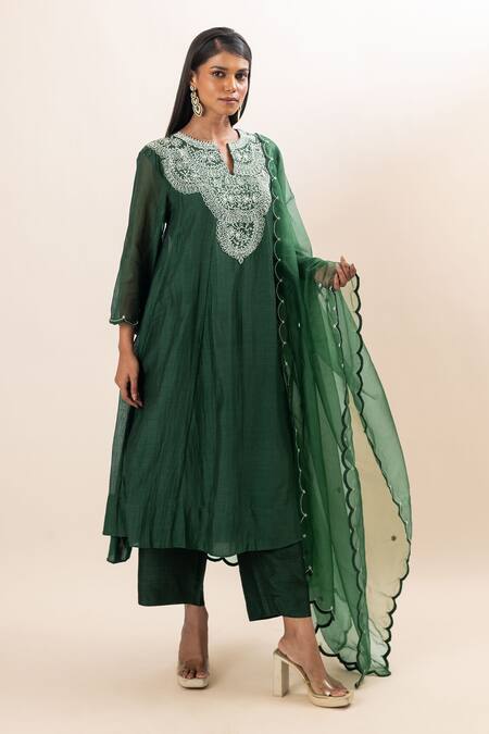 Buy Oshi By Shikha Green Chanderi, Organza, Cotton, Bamboo Pearls, Work Yoke Anarkali Pant Set Buy_Oshi By Shikha_Green Chanderi, Organza, Cotton, Bamboo Pearls, Work Yoke Anarkali Pant Set